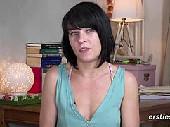 Brunette solo fingering her hairless pussy to orgasm. European beauty enjoys every intense moment.