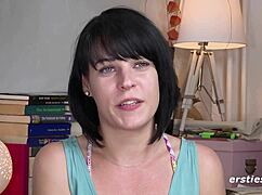 Brunette solo fingering her hairless pussy to orgasm. European beauty enjoys every intense moment.