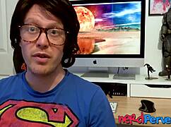 two lucky nerds get blown by an insatiable uk slut in stockings and lingerie