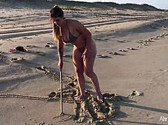 blonde girl bent over on the beach, gaping ass in doggystyle sex with her fan, what do you think?