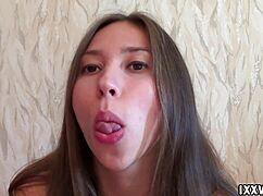 Ananta Shakti uses her fetish tongue to suck on a dildo