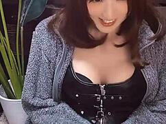 Cute cat-eared shemale jerks off persistently in solo japanese video with anal focus