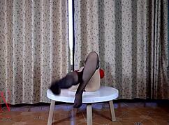 Fat curvy housewife strips out of pantyhose and heels at the party round table!