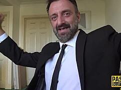 Skinny submissive teen throats deep and rides hard