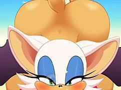 Rouge sucks cock and swallows cum while getting ass fucked.