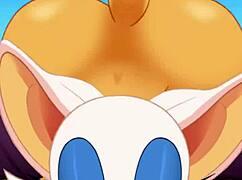 Rouge sucks cock and swallows cum while getting ass fucked.