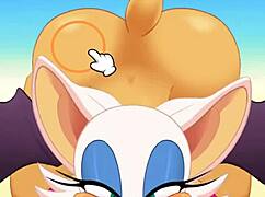 Rouge sucks cock and swallows cum while getting ass fucked.