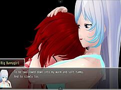 in vorealia, the big bunny girl eagerly awaits her willing digestion by the predator in the cartoon world