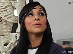 Mature brunette gives intriguing handjob to parody babe.