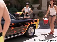 Real amateur babes flash naked while washing cars outdoors
