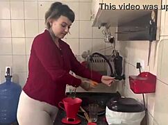 She prepares morning coffee in her favorite way.