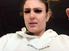 crossdresser gets horny in gym with see-through shirt showing hard nipples