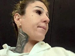 crossdresser gets horny in gym with see-through shirt showing hard nipples