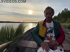 Amateur couple has intense outdoor sex on lake boat