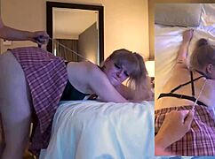 pawg white girl bent over doggystyle with hands tied in old footage.