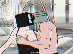 TV woman and cameraman in intense Skibidi Toilet sex animation.