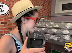 Cute teen in pigtails gets hard fucked by older hostel owner!