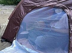 uh, pretty asian with big tits, outdoor sex in tent, so sneaky