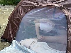 uh, pretty asian with big tits, outdoor sex in tent, so sneaky