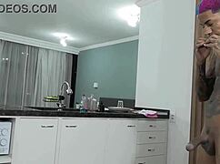 Athletic black woman in lingerie teases in kitchen