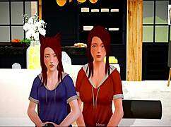 Blonde and Redhead Amateurs in Homemade Hentai Game with Big and Small Tits