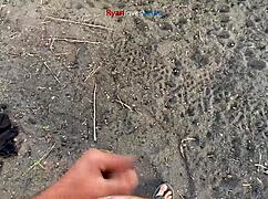 Brunette amateur masturbates solo under bridge