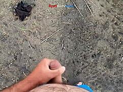 Brunette amateur masturbates solo under bridge