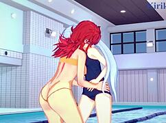 Ruri Hoshino and Festenia Muse dive into wild lesbian action in hentai play.