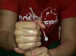 Big cock strokes out a huge load of cum in casual handjob session.
