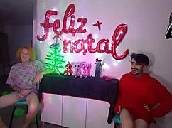 the christmas lady dominates her cuckold with two hung studs in wild cosplay.