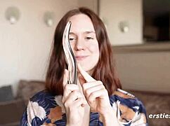 anca explores her shaved pussy with a dildo in an intimate solo session