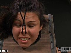 girl strips teasingly inside the cage with clothes ripping