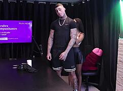 yo, these two morenas strip him after dirty talk, sharing oral sex tips on sheer red