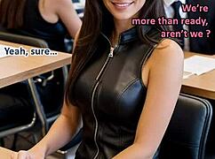 i'm getting turned on by the bored business bitch in leather giving blowjob and cunilingus