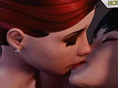 Redhead shemale bangs brunette in 3d cartoon