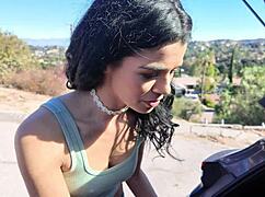 black-haired harley haze plays with toys, gives handjob, rides in cowgirl, takes cum in mouth after doggystyle