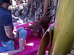 brunette stretches pussy with sex toy outdoors publicly