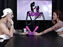 bia ruyva strips after game, shows pussy