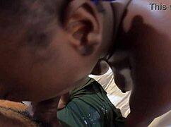 My huge black boobs swing as I suck my stepdaddy's big cock and swallow his cum