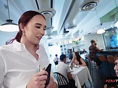 sneaky waitress titty fucks and rides me in restaurant threesome