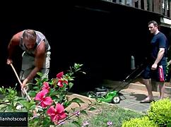 Gorgeous Oriental Brunette Takes Double Penetration in Lush Garden Setting