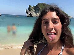 This hottie sucked me off on a public beach. Then strutted with cum on her face!