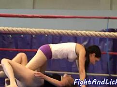 Skinny European babes wrestle in a boxing ring with domination and catfight action.
