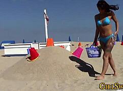 Stepsisters in bikinis engage in scissoring, fingering, and oral with tattoos