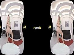 Virtualpee features a dildo-loving brunette in a realistic european setting