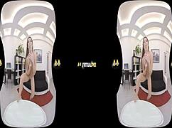 Virtualpee features a dildo-loving brunette in a realistic european setting