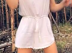 Horny hottie sucks and fucks a beautiful babe in the woods outdoors