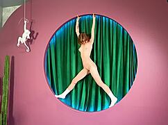 Naked outdoor broadcast reveals shaved pussy and natural tits