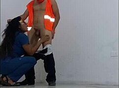 I swear, the cleaning guy got seduced by the hospital nurse, then put on a condom to bang her like a slut, standing sex in office hallways!