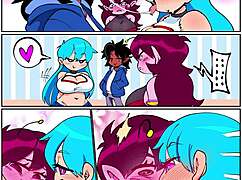 Threeway group linkup in comic style.